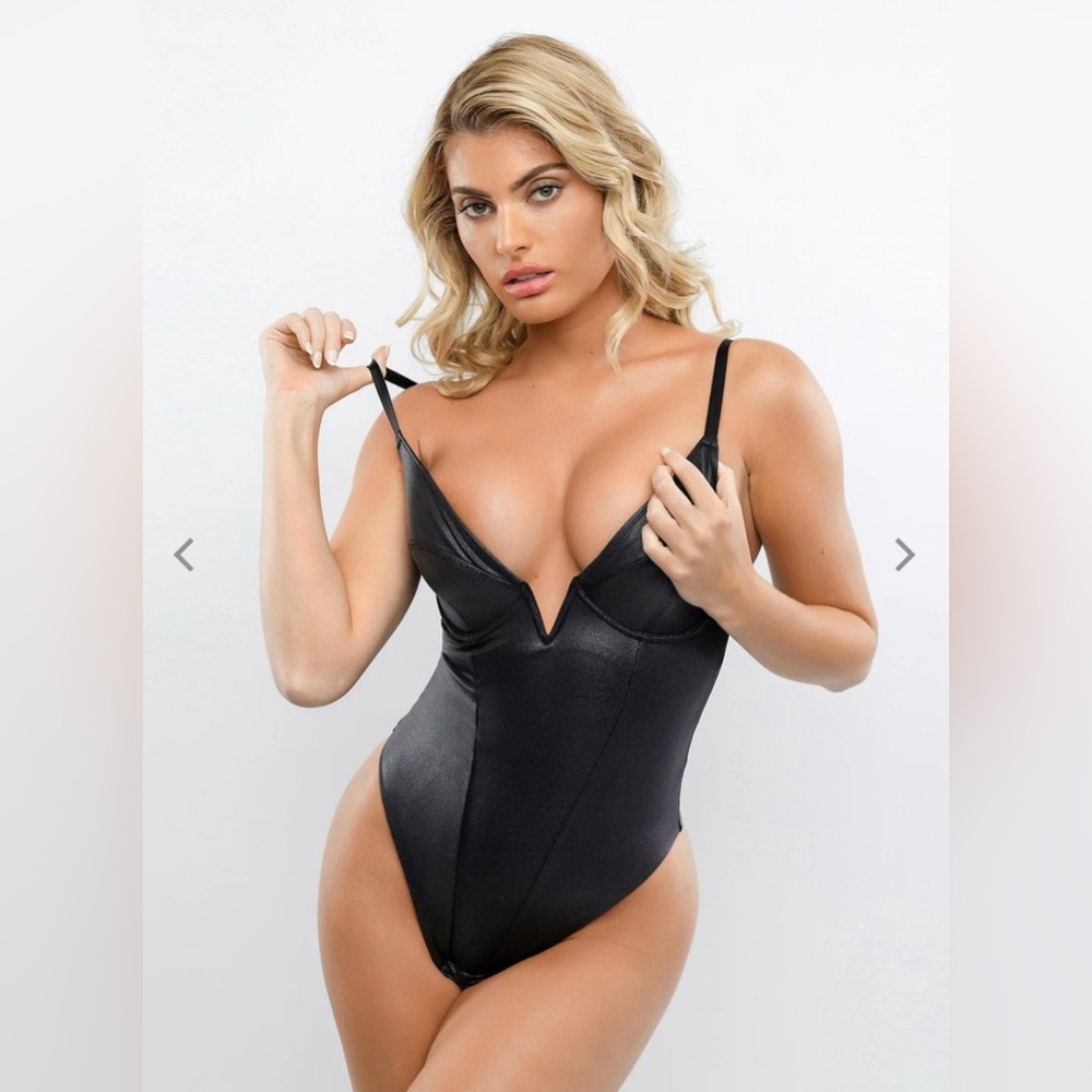 Popilush Body Suits Tummy Control Faux Leather Deep VNeck Thong Corset Tank Top